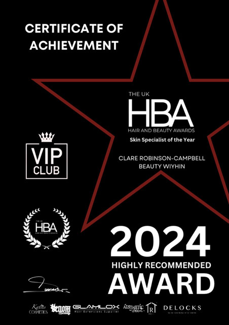 HBA Certificate of Achievement - Skin Specialist of the Year 2024 Highly Recommended Award