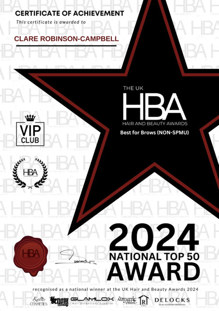 HBA Certificate of Achievement - Best for Brows (Non SPMU) 2024 National Top 50 Award